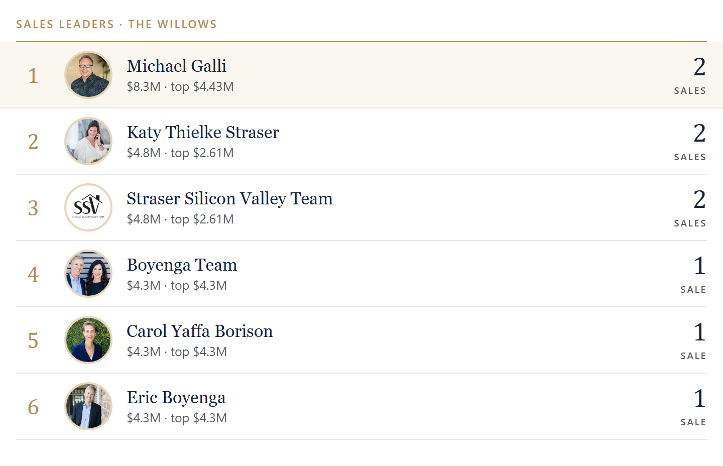 Sales leaders in The Willows